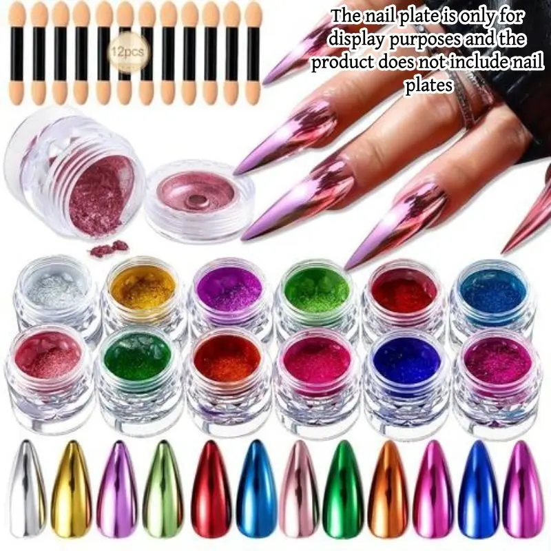 12 Colors Metallic Chrome Mirror Nail Powder Set, Multi-Functional Nail Flakes for Nail Art Decoration and Nail Designs, High-Quality Nail Art Supplies Accessories