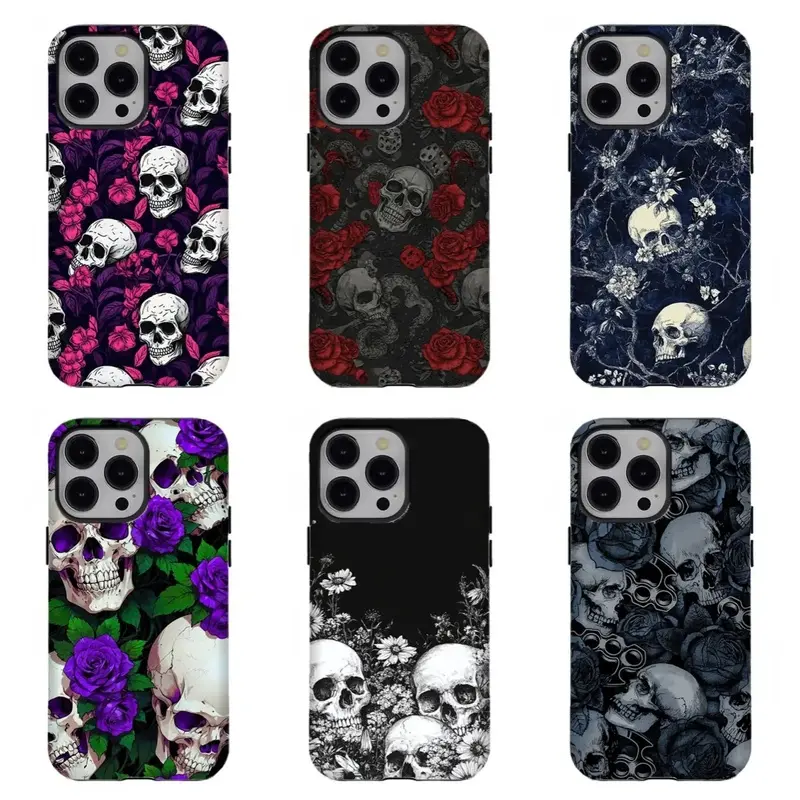 Gothic Skull Floral Polycarbonate Phone Case - Dark Red Rose Purple Flower Skeleton Custom Protection Cover, Wireless Charging Compatible, Phone Accessories for iPhone 13-17 Pro Max Air