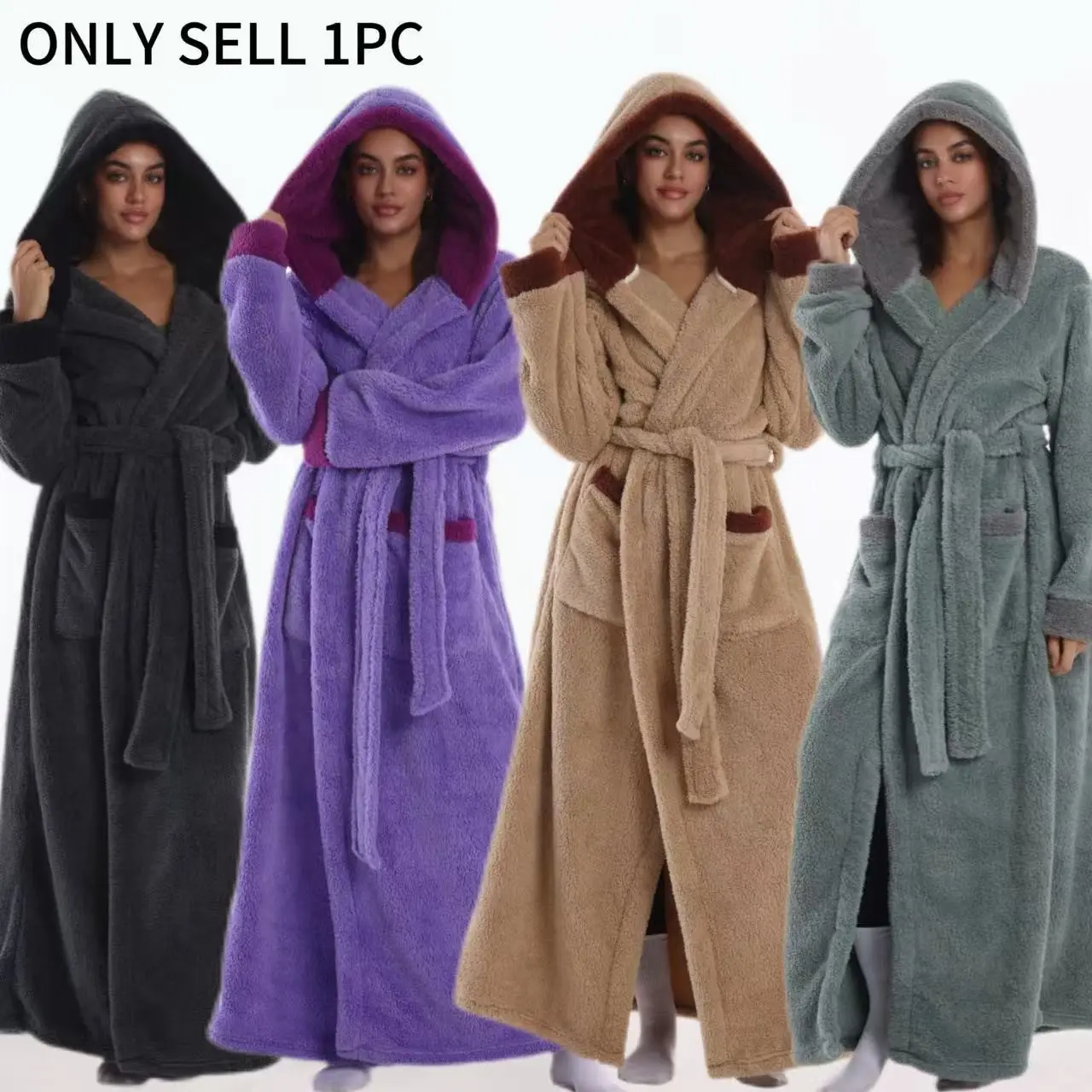 Luxurious Plain Hooded Bathrobe with Belt, Unisex, Multiple Colors, Home Essential, Various Sizes Available
