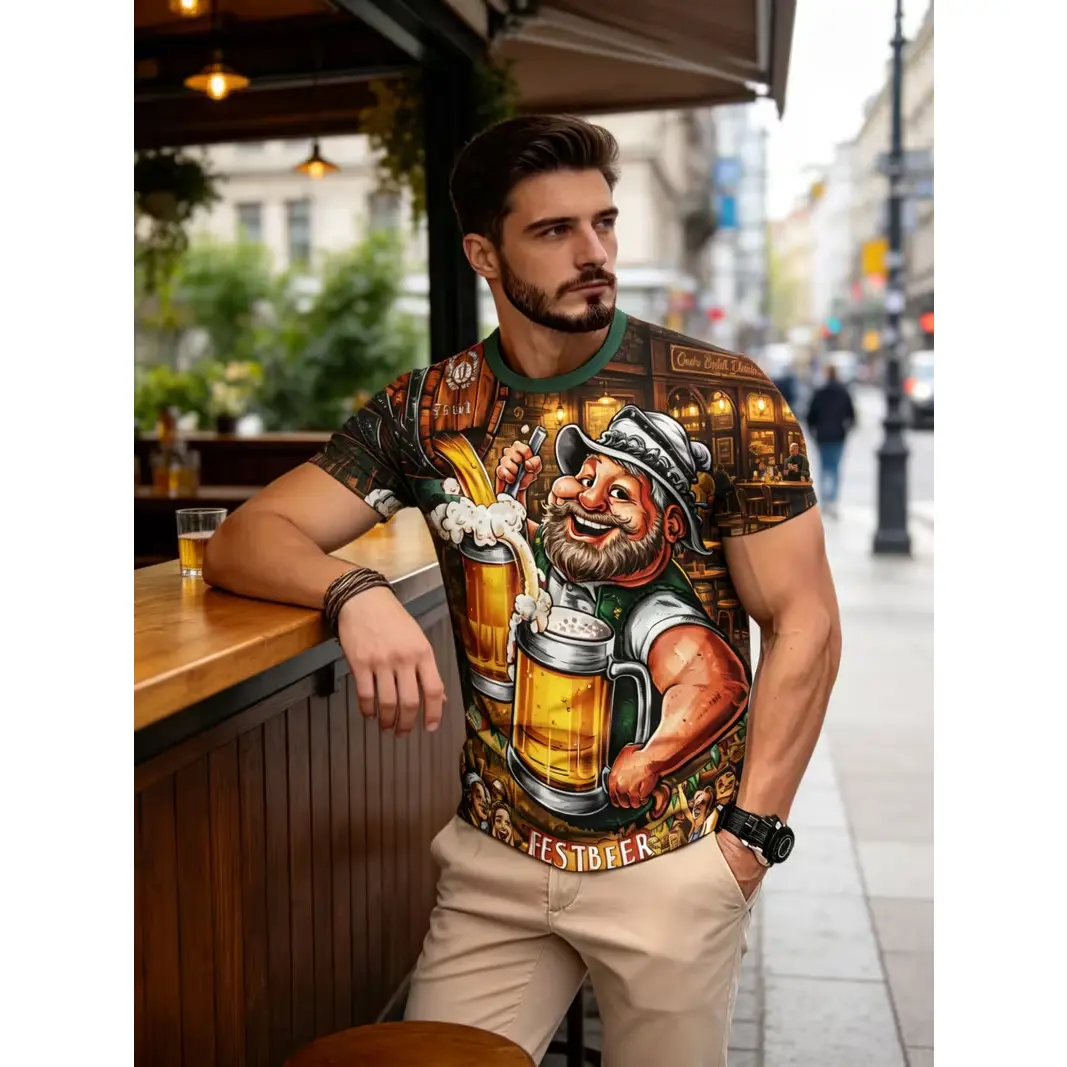 Men's Full-Print Oktoberfest Thematic Art T-Shirt - Round Neck, Short Sleeve, Flexible Fit, Stretch Fabric, Machine Safe for Daily Casual & Themed Parties