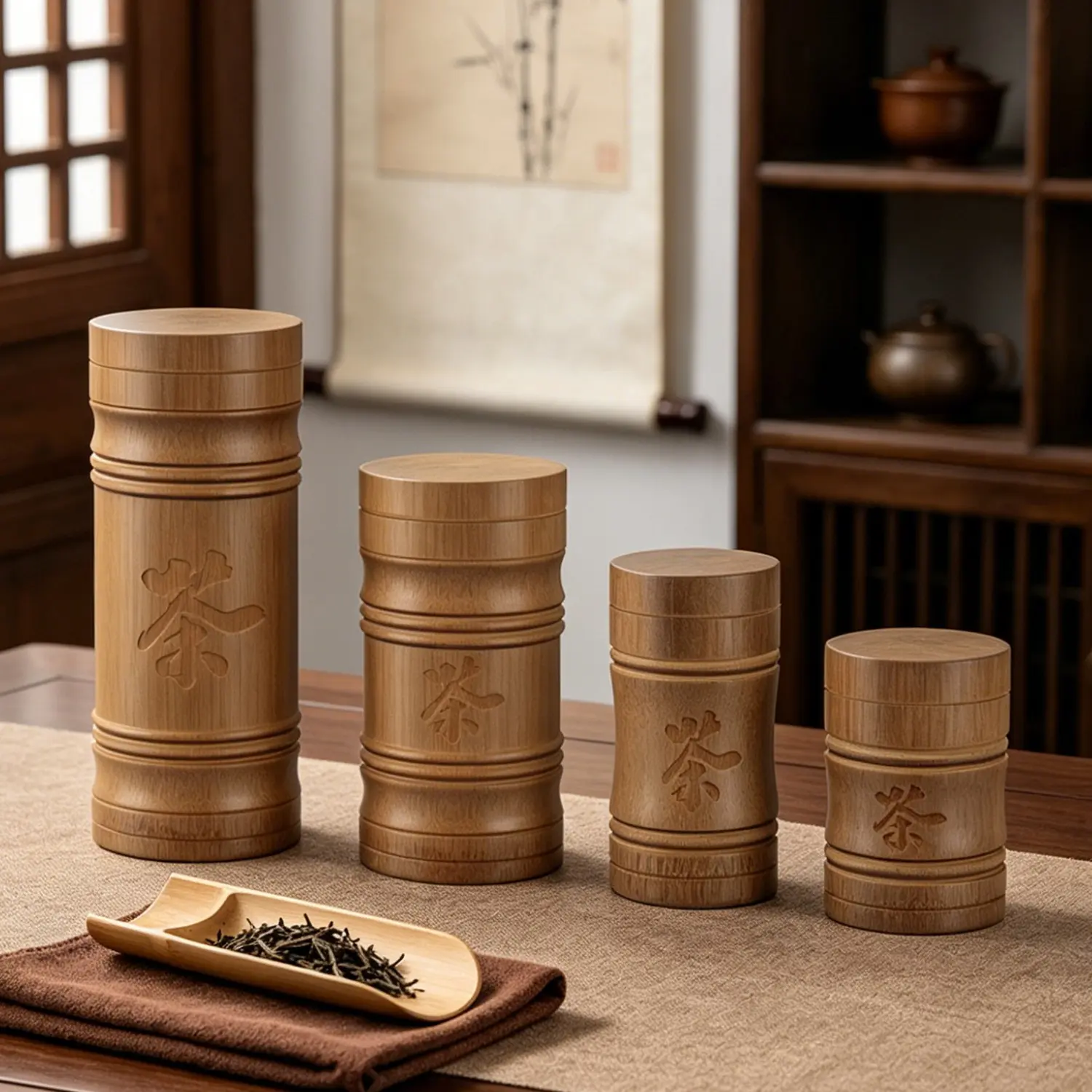 Natural Bamboo Tea Storage Jar, Sealed Tea Container, Chinese Traditional Carving, Multi-Specification Portable Coffee Spice Jar