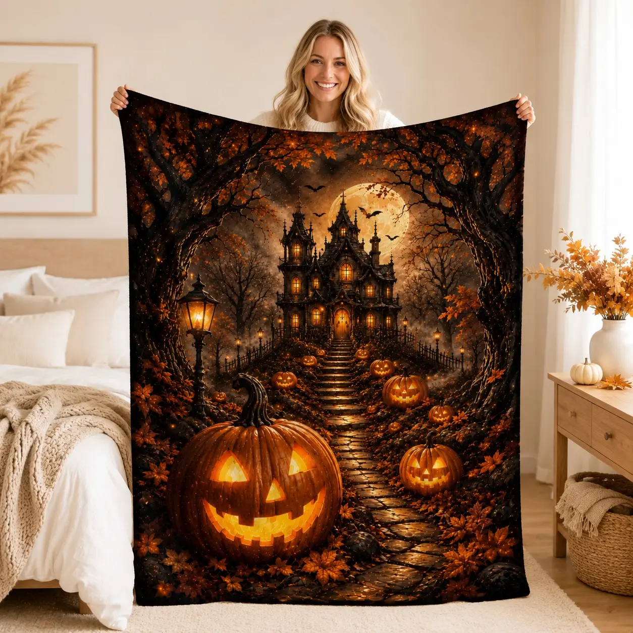 Halloween Pumpkin Ghost House Flannel Blanket, Gothic Style, Soft Warm Skin-Friendly, Bedroom Sofa Decor, Washable No Shedding