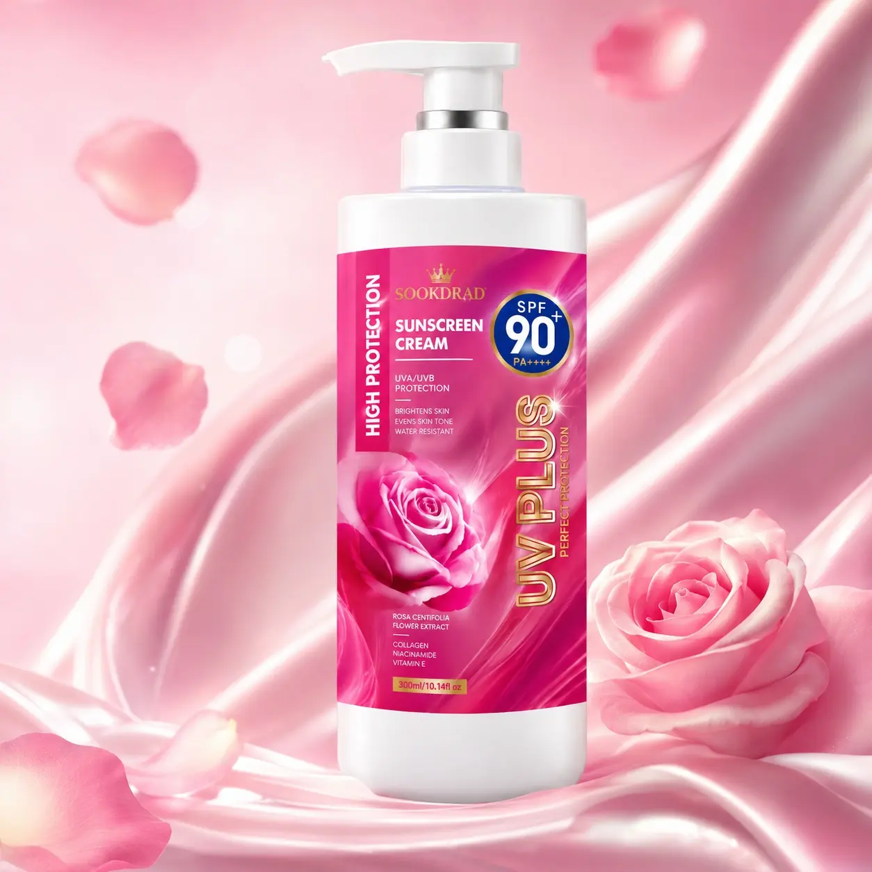 Sunscreen Cream, Rosa Centifolia Flower Extract, Collagen, Niacinamide, Vitamin E, UVA/UVB Protection, Brightens Skin, Evens Skin Tone, Water Resistant, SPF90+ PA++++, 300ml/10.14fl oz