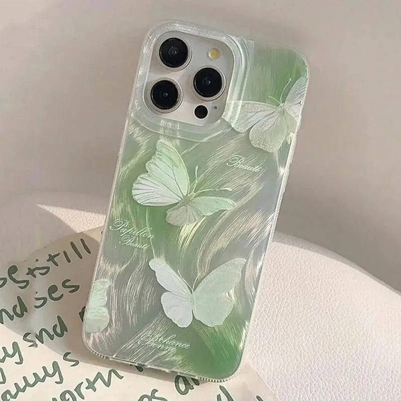 Green Gradient Butterfly Pattern   For iPhone 11 12 13 14 15 16 Pro Max7 8 Plus XS X XR SE 2020 2022 Shockproof Cover Tough Artistic Cat