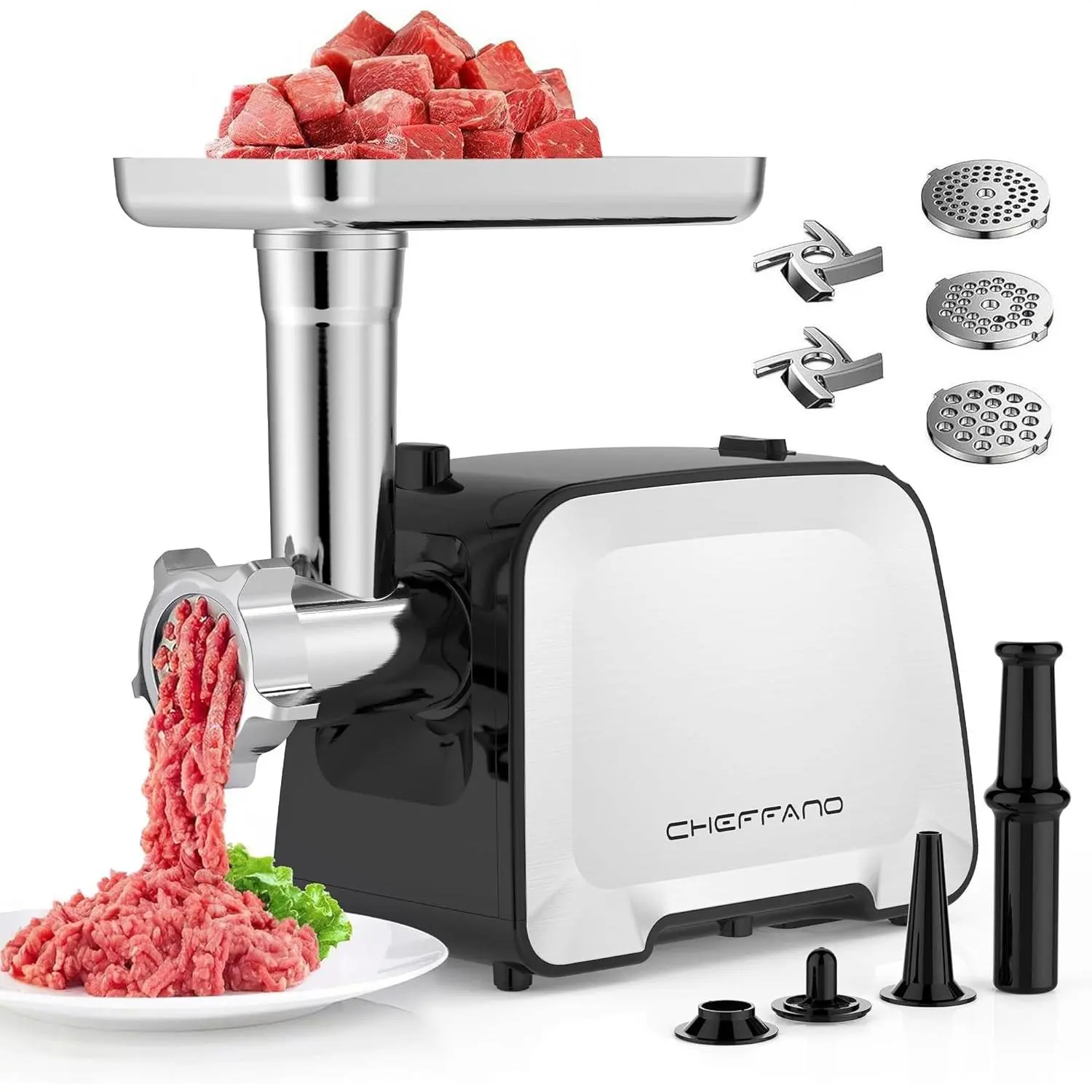 Electric Meat Grinder Stainless Steel Heavy Duty Max 2000W Sausage Stuffer Maker with Multi-Blade Set, 3 Plates, Sausage Tube & Kubbe Kit for Home Use