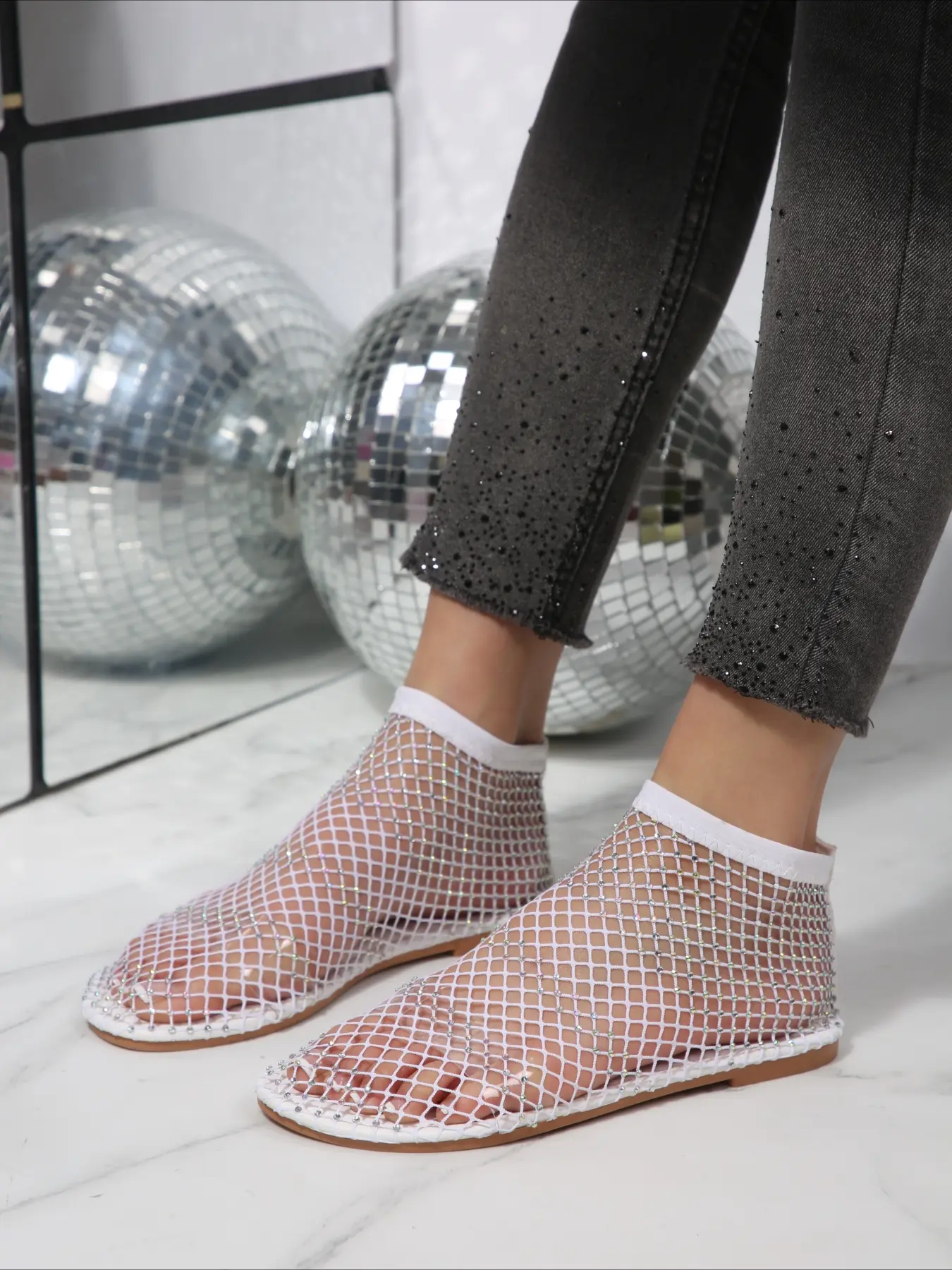 Mesh rhinestone flat ankle boots, sparkly and breathable cutout design, three colors available, versatile for outfits.