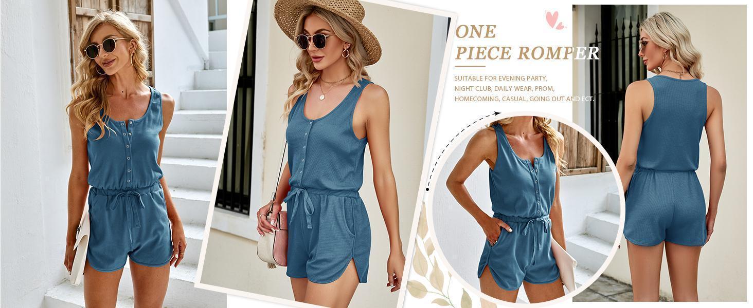 Imily Bela Women's Summer Scoop Neck Sleeveless Button Down Tank Top Rompers Elastic Waist Shorts Outfits with Pockets SpringStatements