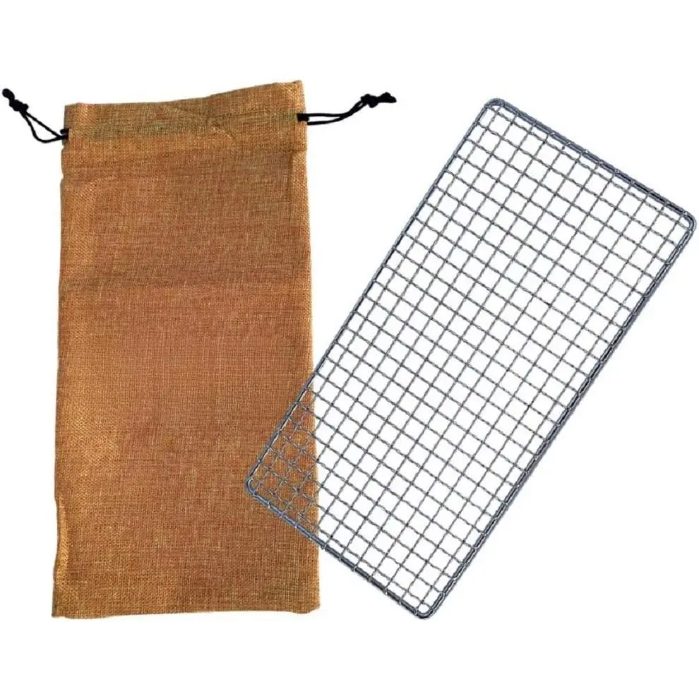Portable Bushcraft Stainless BBQ Cooking Grill Grate, Bamboo Cutting Board, Burlap Bag, Mini Knife, Fire Starter Kits. Camping, Campfires, Backpacking, Hunting & Fishing Gear