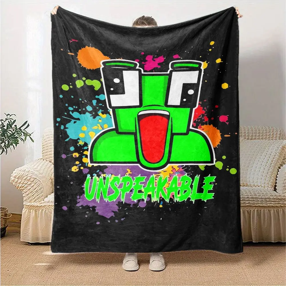 Unspeakable themed blanket - neon green and black game design, featuring a smiley face and the striking word "UNSPEAKABLE", suitable for bed, sofa, camping, and travel