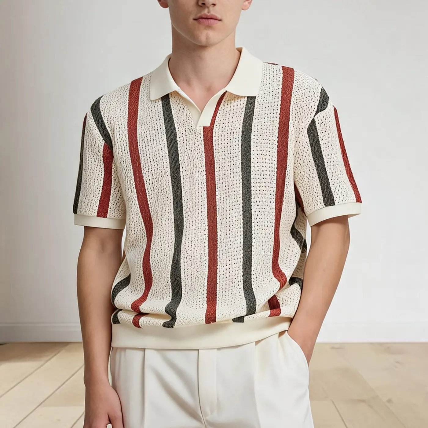 Men's Retro Striped Mesh Knit Polo Shirt Buttonless Open Collar Short Sleeve Breathable Summer Casual Top
