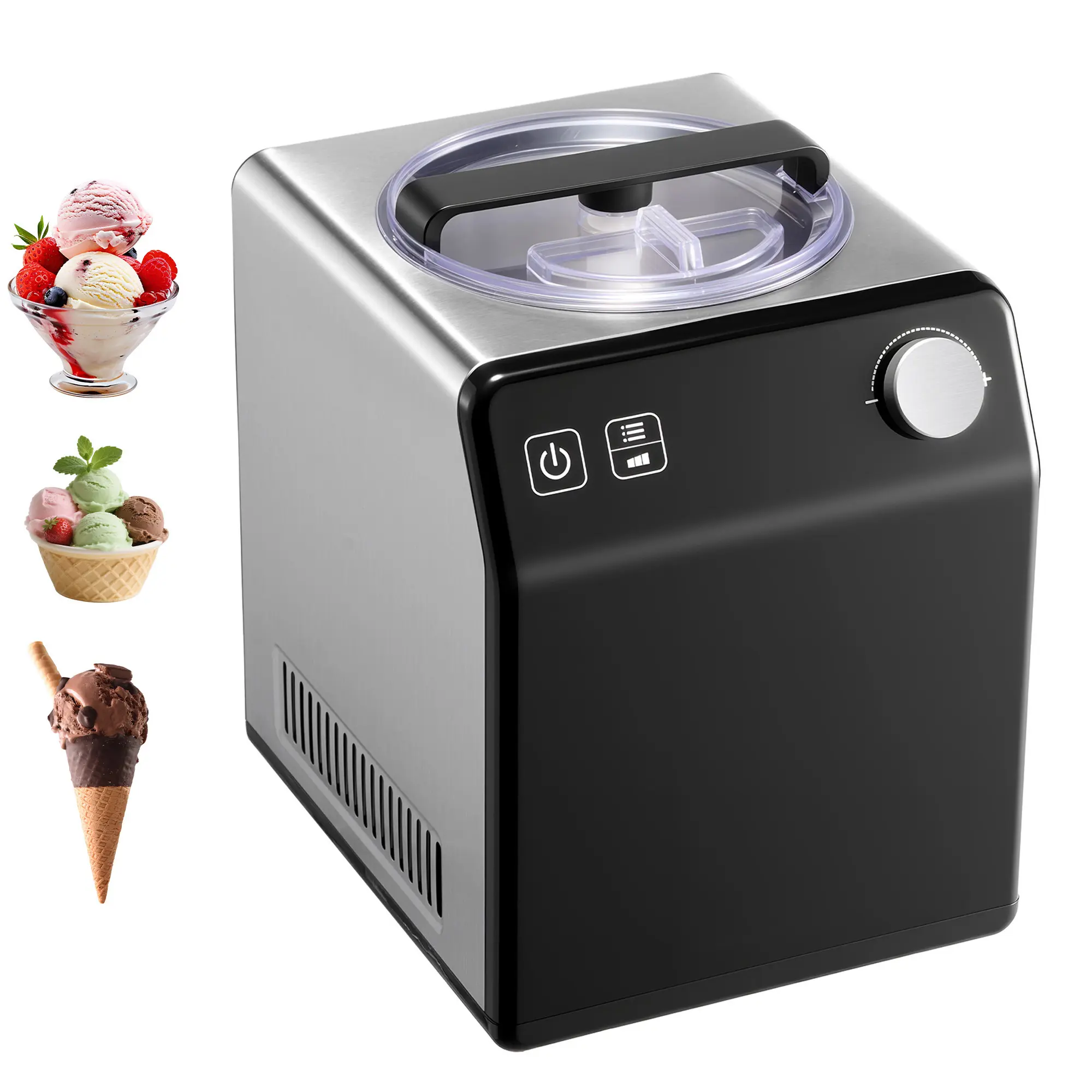 Upright Automatic Ice Cream Maker with Built-in Compressor, 2 Quart No Pre-freezing Fruit Yogurt Machine, Stainless Steel Electric Sorbet Maker, 4 Modes Gelato Maker with Digital Display & Timer