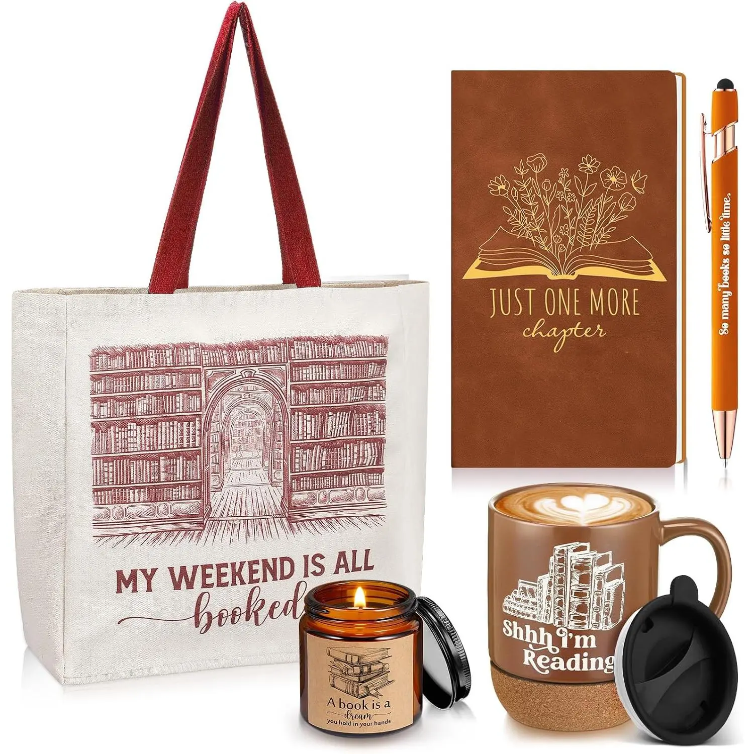 5-Piece Book Lover Gift Set for Avid Readers & Close Friends - Brown Canvas Tote Bag, 100-Page Journal Notebook, Ballpoint Pen, Cork-Bottom Ceramic Coffee Mug, Scented Candle (13.8x13x2.8 Inches Tote, 9.6x17.5 Cm Mug)