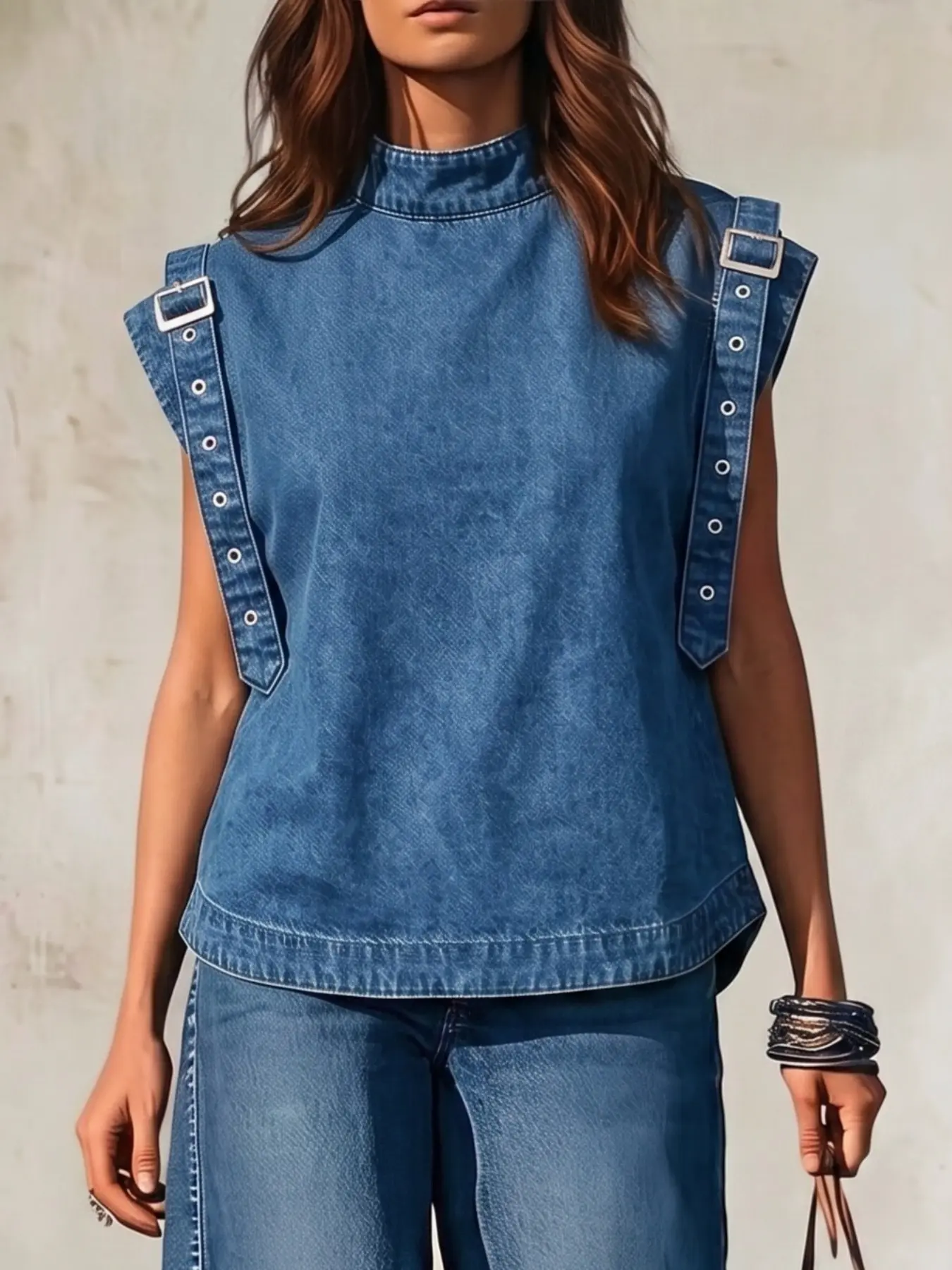 Western Style Stand Collar Adjustable Strap Buckle Sleeveless Denim Short Top, Loose Fit Denim Vest, Y2K