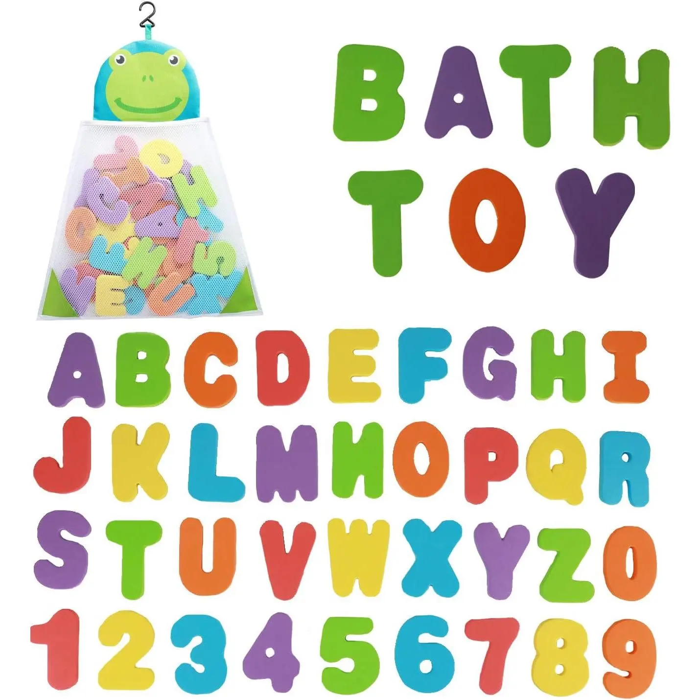 Organizer + 36 Soft Foam ABC 123 Letters & Numbers Bathroom Alphabet Baby Toys  Early Learning Foam Letters and Quick Dry Storage Net Bag New model