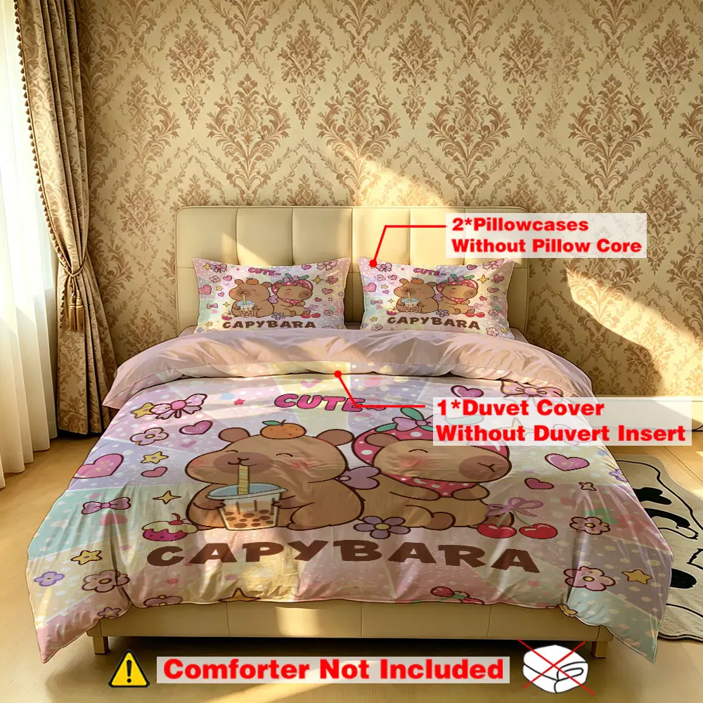 The 3-piece Capibara "CUTE~" Printed Comfy Bedding Set includes one quilt cover and two pillowcases, without fillings. It's soft and comfortable, suitable for single beds and double beds, and ideal for use in bedrooms, dormitories, and hotels.