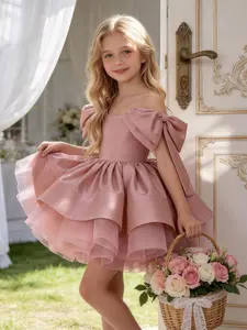 Young Girl Bow Tiered Tutu Party Dress, Elegant Princess Skirt for Birthday, Wedding, Dance, Festival Celebrations