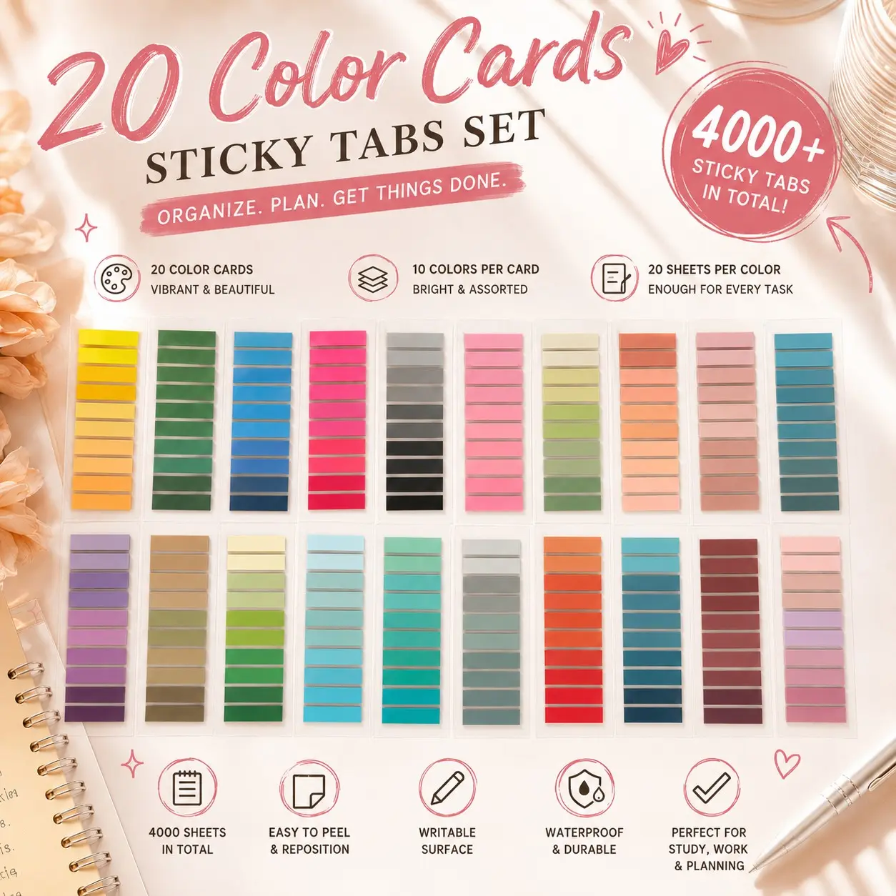 20 Sheets 4000 Colorful Pet Index Stickers, 10 Colors Classification Labels, Writeable Waterproof Removable Bookmarks, Student Office Notes Markers, School Labels