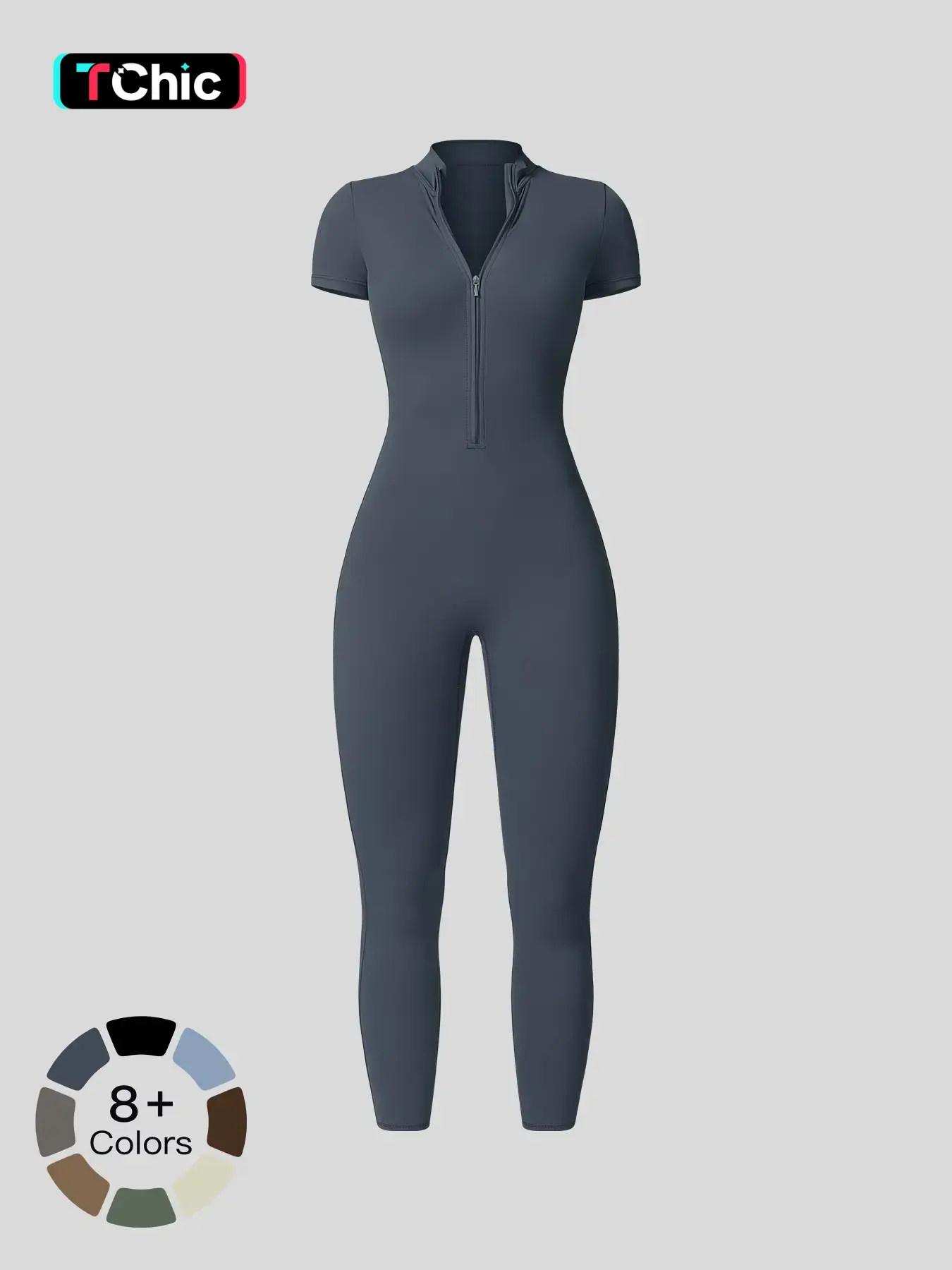 Women's Solid Short Sleeve Half Zip Sports Jumpsuit, Stretchy Jumpsuit, Sporty Stand Collar Skinny Fit Jumpsuit for Yoga Gym Workout, Ladies Sportswear for All Seasons