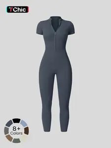 Women's Solid Short Sleeve Half Zip Sports Jumpsuit, Sporty Stand Collar Skinny Jumpsuit for Yoga Gym Workout, Ladies Sportswear for All Seasons