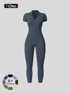 women's solid short sleeve half zip sports jumpsuit, sporty stand collar skinny jumpsuit for yoga gym workout, ladies sportswear for all seasons, gym clothing, yoga jumpsuits