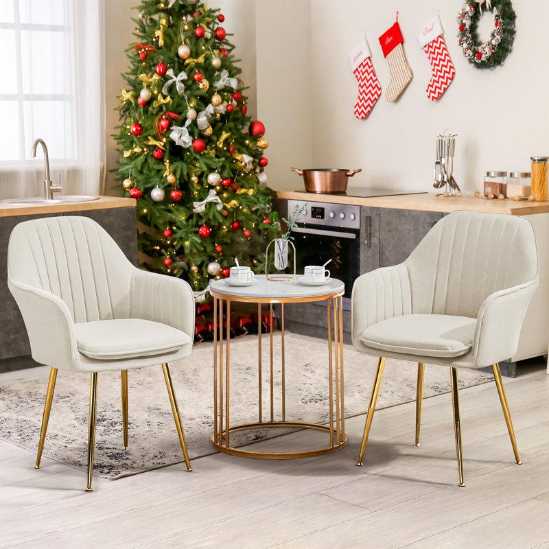 Modern 2-Piece Accent Chair Set - Beige Upholstered Fabric Arm Chairs with Curved Backrest & Metal Legs for Dining & Living Room
