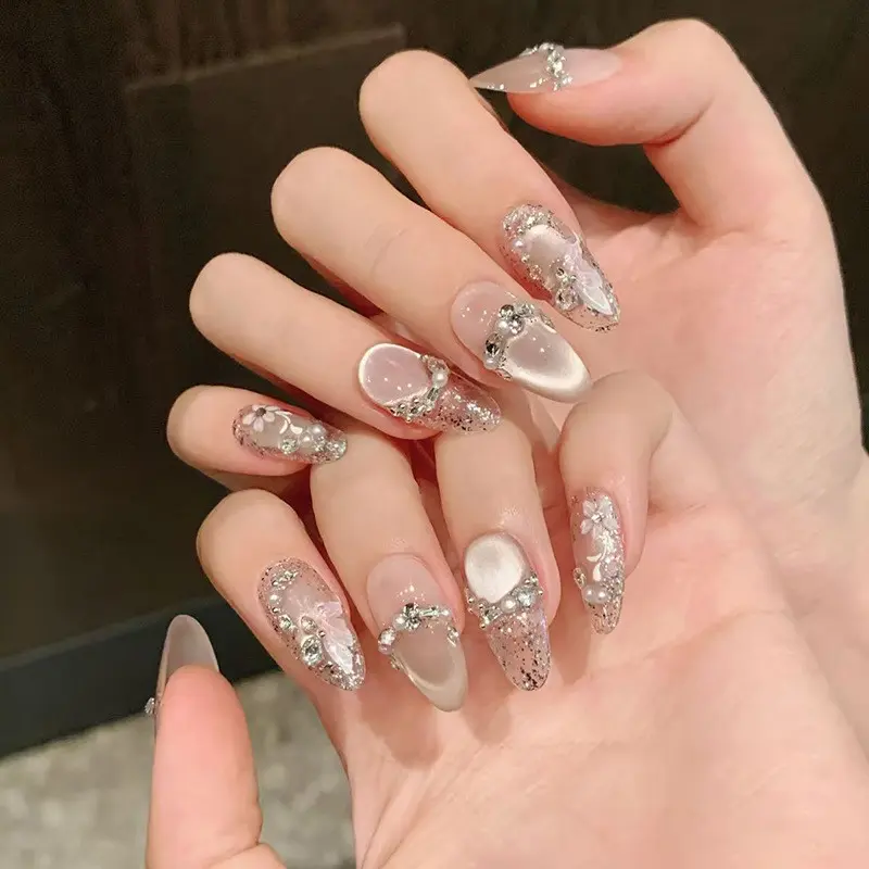 3D Cat Eye Butterfly Acrylic Nails with Diamond Sparkle, French Style White French Tip Almond Shaped Beauty, 30 Pcs Easy to Remove for DIY Nail Art