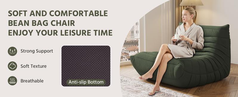 Bean Bag Chair, Fireside Chair, Large Bean Bag Chair for Adults, Bean Bag Chairs for Teens with High-Resilience Foam, Non-Slip Base Floor Lounge Sofa,Living Room (Green, Single)
