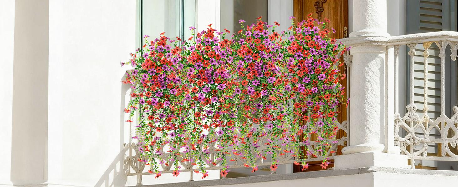 4 Bundles Artificial Boho Flowers for Outdoor,No Fade Fake Plastic Flowers Faux Plants for Decoration Hanging Planters Indoor Outside Garden Porch Window Box Home Wedding Farmhouse