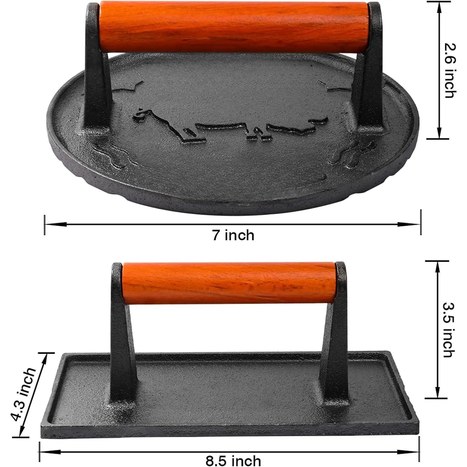 Cast Iron Bacon Press for Griddle - Heavy Duty Smash Burger Press, Grill Press with Ergonomic Wooden Handle, Meat Press for Flat Top Grill, Ideal for Burgers, Bacon, and Steaks 2 pcs Kitchen Utensils Cooking Steel