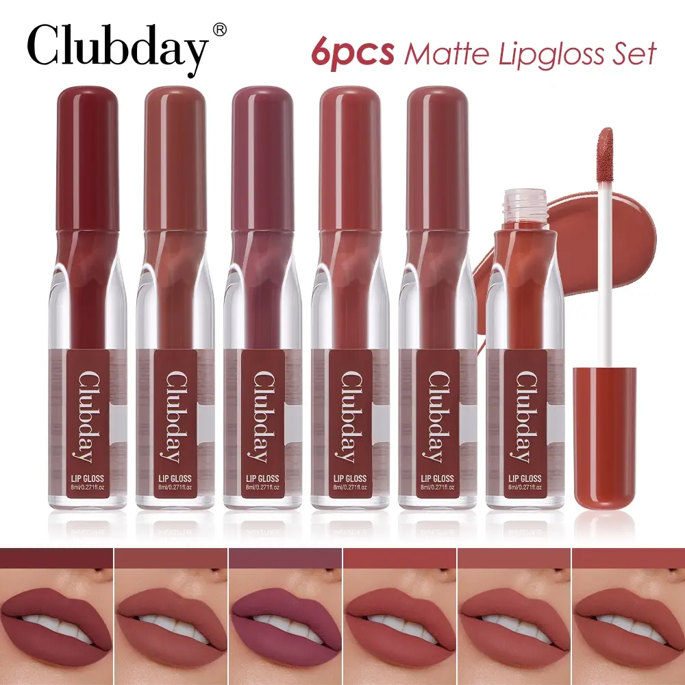 Clubday 6pcs Matte Lip Gloss Set, Nude Earth Tone Liquid Lipstick, Long Lasting Non-Sticky Velvet Lip Tint, Daily Dating Party Lip Makeup for Women Girls