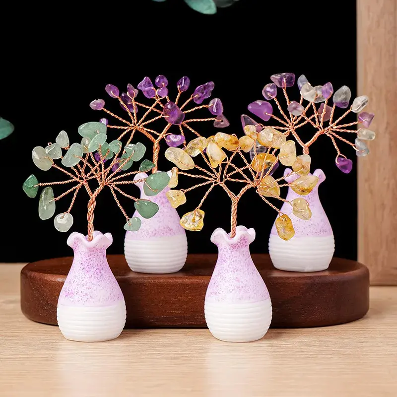 4PC 7cm Handmade Wire-Wrapped Natural Crystal Money Trees - Rose Quartz, Amethyst, Citrine, Green Aventurine, Ceramic Vase Home Decor Ornaments for Desktop, Housewarming Gifts, Wealth & Opportunity Luck, Desktop Accessories