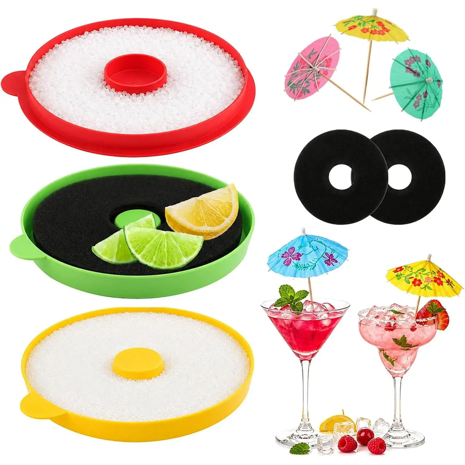 3-Tier Margarita Rimmer, Salt/Sugar/Lime Holder w/ 2 Sponges & 10 Umbrellas | Margarita Salt Rimmer Set, holds lime juice, salt & sugar. Easy-clean bar tool for  glasses & decor