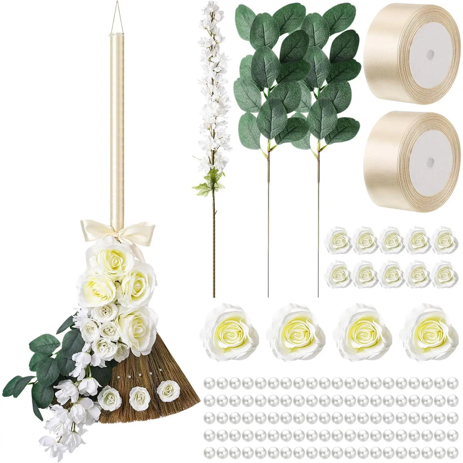 Wedding Brooms for Jumping Ceremony Bride Bridegroom DIY Whisk Brooms 11.81 x 25.2 in with Ribbons Artificial Pearl Eucalyptus Leaves Roses Delphinium for Wedding Ceremony Craft