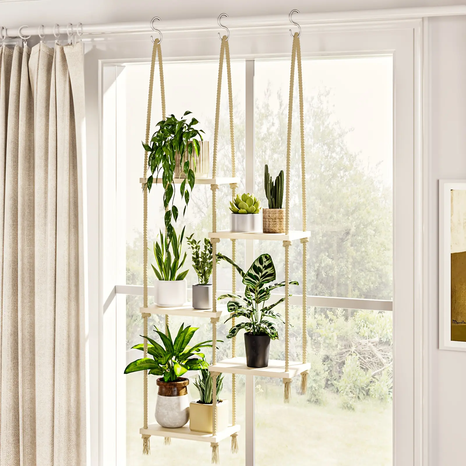 BF Boho Window Plant Shelf, a Suspended Wooden Plant Holder Designed for Window Sills - an Indoor Wall-Mounted Shelf Ideal for Plants, Enhancing Living Rooms And Garden Aesthetics