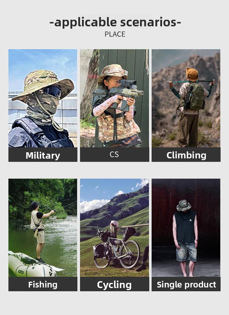 Spring and summer bucket hat, windproof visor, drawstring design, camouflage round edge outdoor fishing set, outdoor mountaineering casual windproof hat