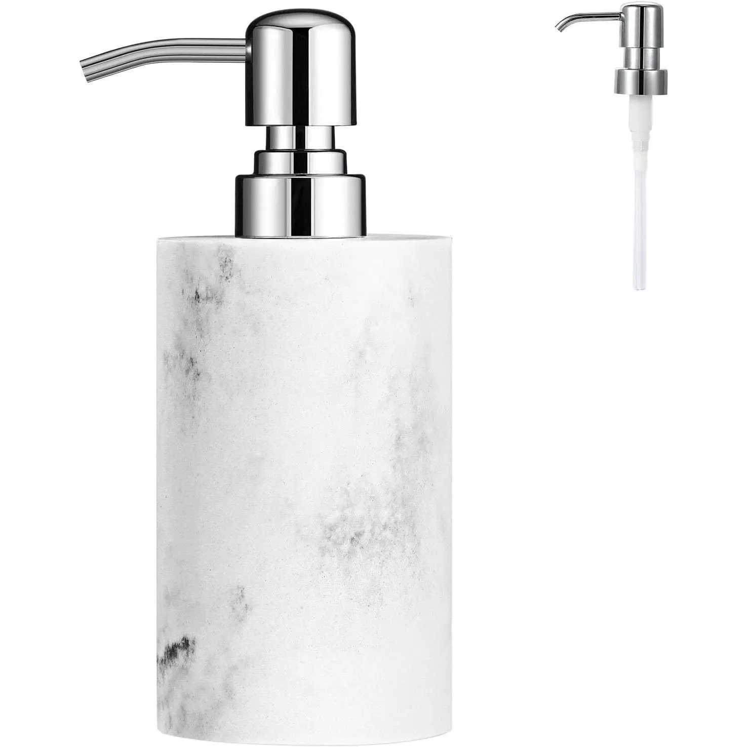 Soap Dispenser, Cylinder-Shaped Marble Lotion Liquid Soap Pump Bottles, Refillable Shampoo Container, Decorative Hand Soap Resin Jar for Bathroom, Kitchen - White Marble