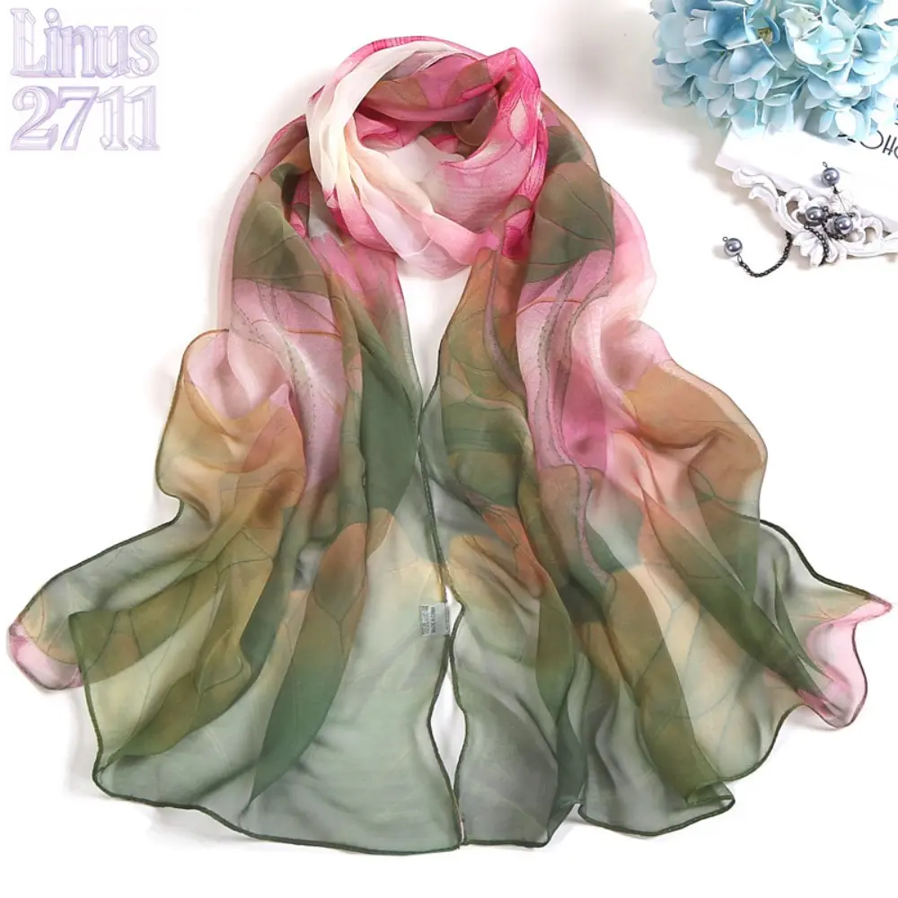 Oriental Lotus Print Long Chiffon Scarf Women Lightweight Sun Protection Shawl Summer Beach Wrap Thin Floral Travel Neck Scarf
