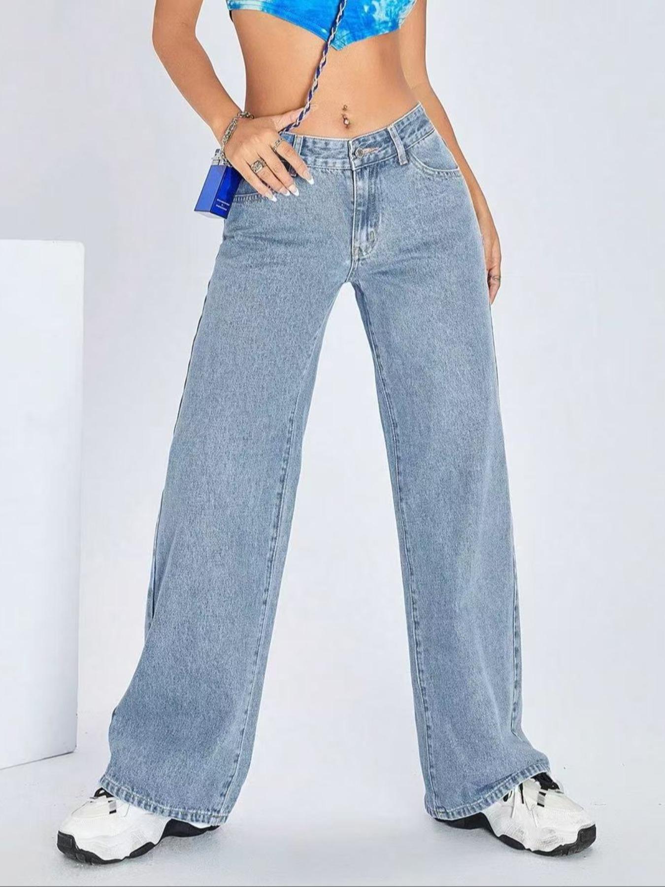 Women's Mid-Waist Wide Leg Straight Denim Jeans, Trendy Coffee Casual Fashion, Zipper Fly, Pockets, All Seasons, Pants
