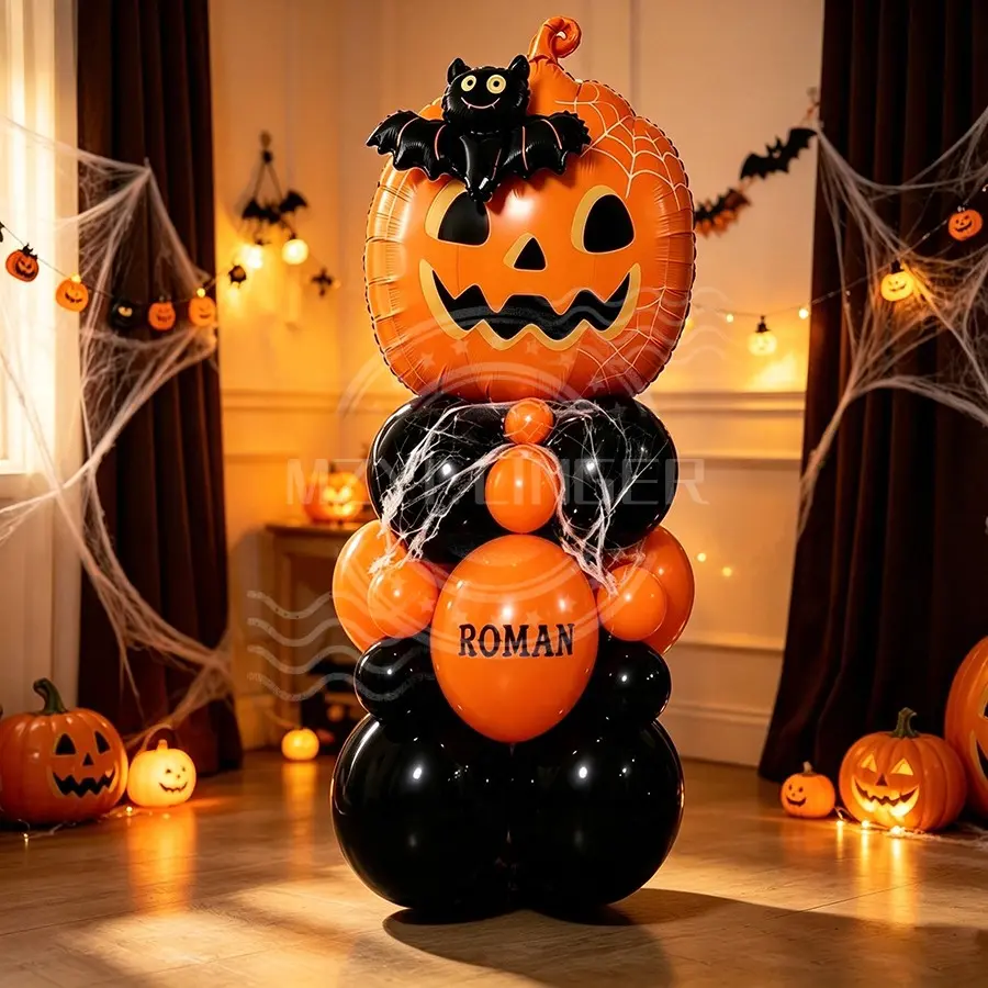 Halloween Pumpkin Bat Balloon Stand, Double-Sided Aluminum Foil Balloon, Latex Balloon, Halloween Party Decor, Home Decoration