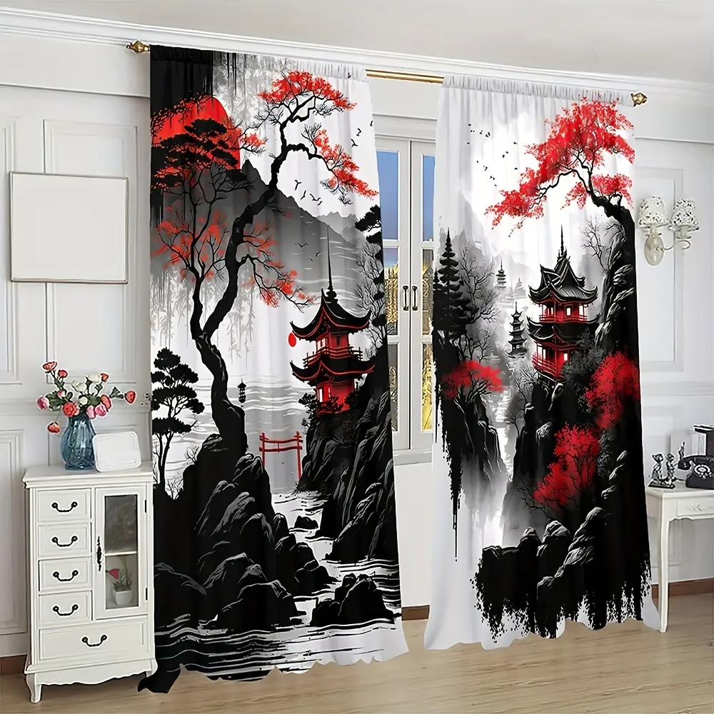 Polyester Digitally Printed Blackout Curtains - 2pc Japanese-Style Landscape Ink Painting Design, Pocket Rod Installation, Grommet Window Treatments for Living Areas, Home Rooms, Multi-Size