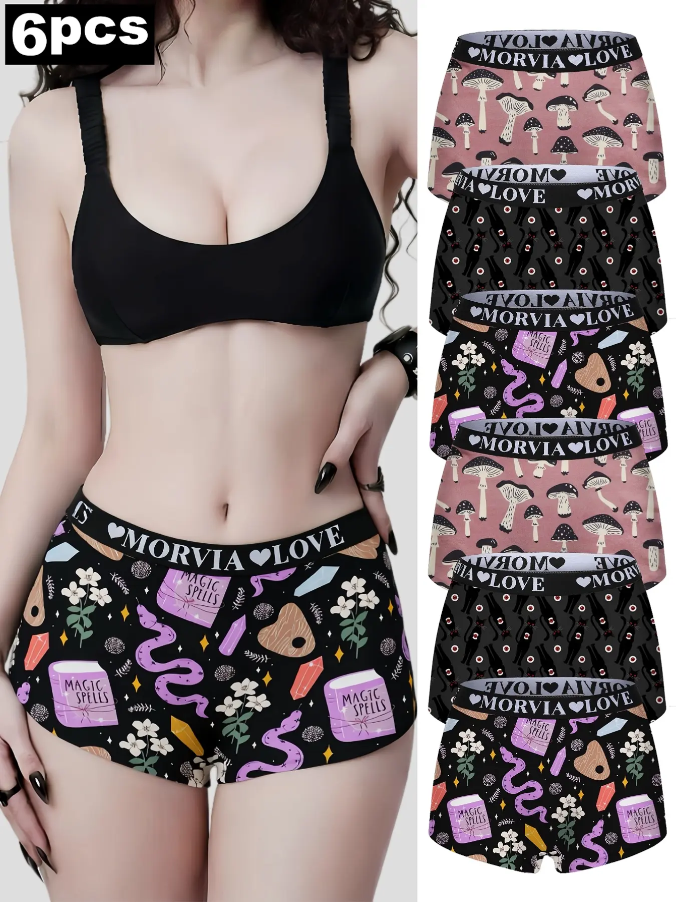 6-Pack Gothic Magic Snake Mushroom Print Women Boxer Shorts, Elastic Letter Logo Waistband Soft Boyshort Underwear for Alt Girls Lingerie