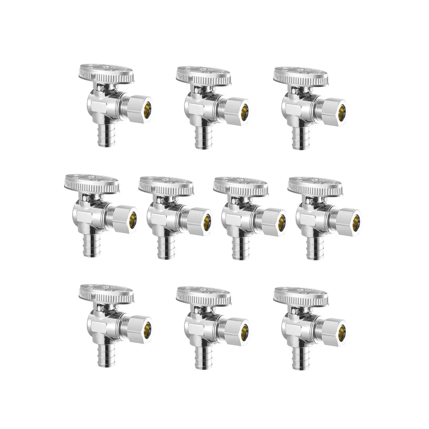 10-Pack Chrome Plated Lead-Free Brass Angle Stop Valves Set, PEX-to-Compression Water Control Valves: 1/2 in PEX to 3/8 in OD Compression, 1/4-Turn Shutoff, Durable, Leak-Resistant, Easy Home Plumbing Installation