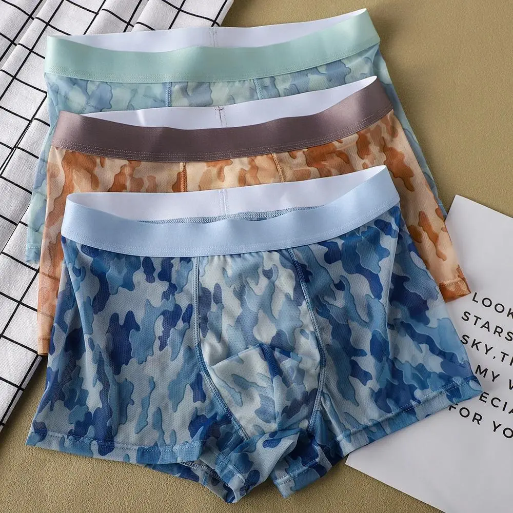 1/3PCS Sexy Perspective Camouflage Print Men's Panties Breathable Mesh Quick-dry Boxers Ultra-thin Ice Silk Menswear Underwear