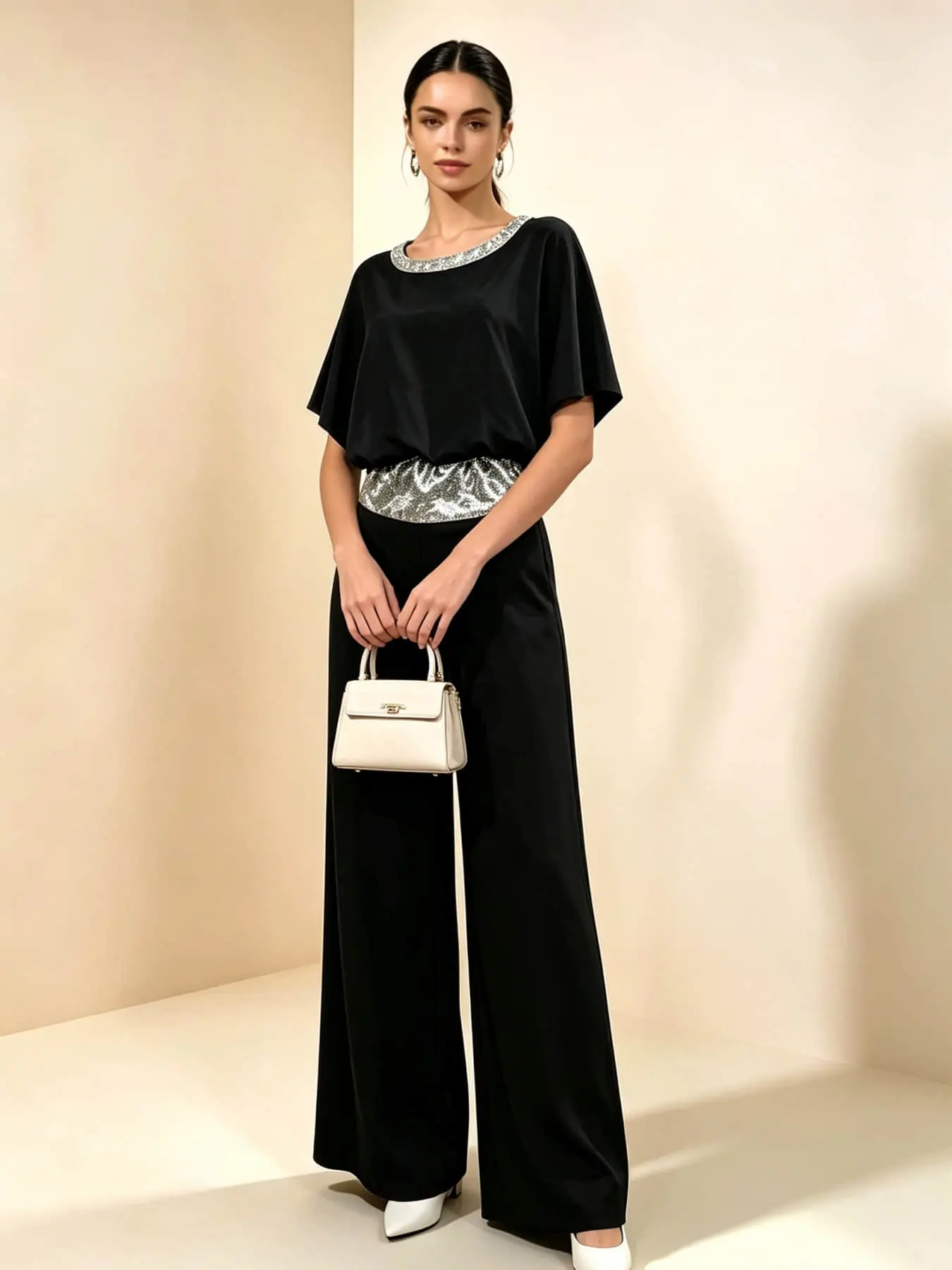 Two-Piece Women's Fashion Light Luxury Sequin Belted Set: Round Neck Silver Sequin Waistband Loose Hiding Body Long Wide Leg Pants Set, Suitable for Summer, Perfect for Evening Parties, Office Commutes, Vacation Trips, and Wedding Guests