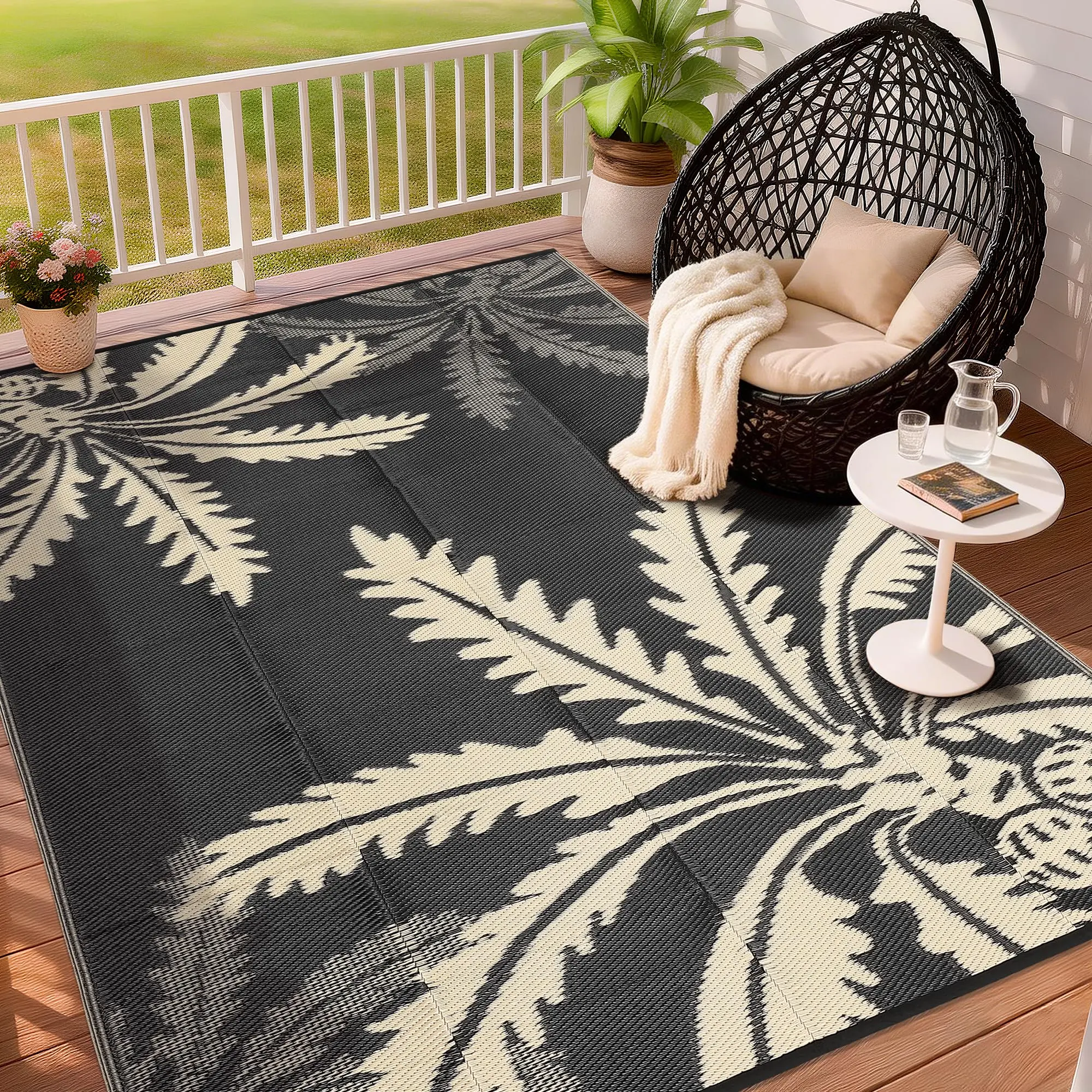 GARVEE Waterproof Outdoor Rug 5x8 for Patio, Reversible Modern Area Rug, Large Plastic Straw Mat for Camping, RV, Porch, Backyard, Deck, Picnic, Beach, Black & Brown
