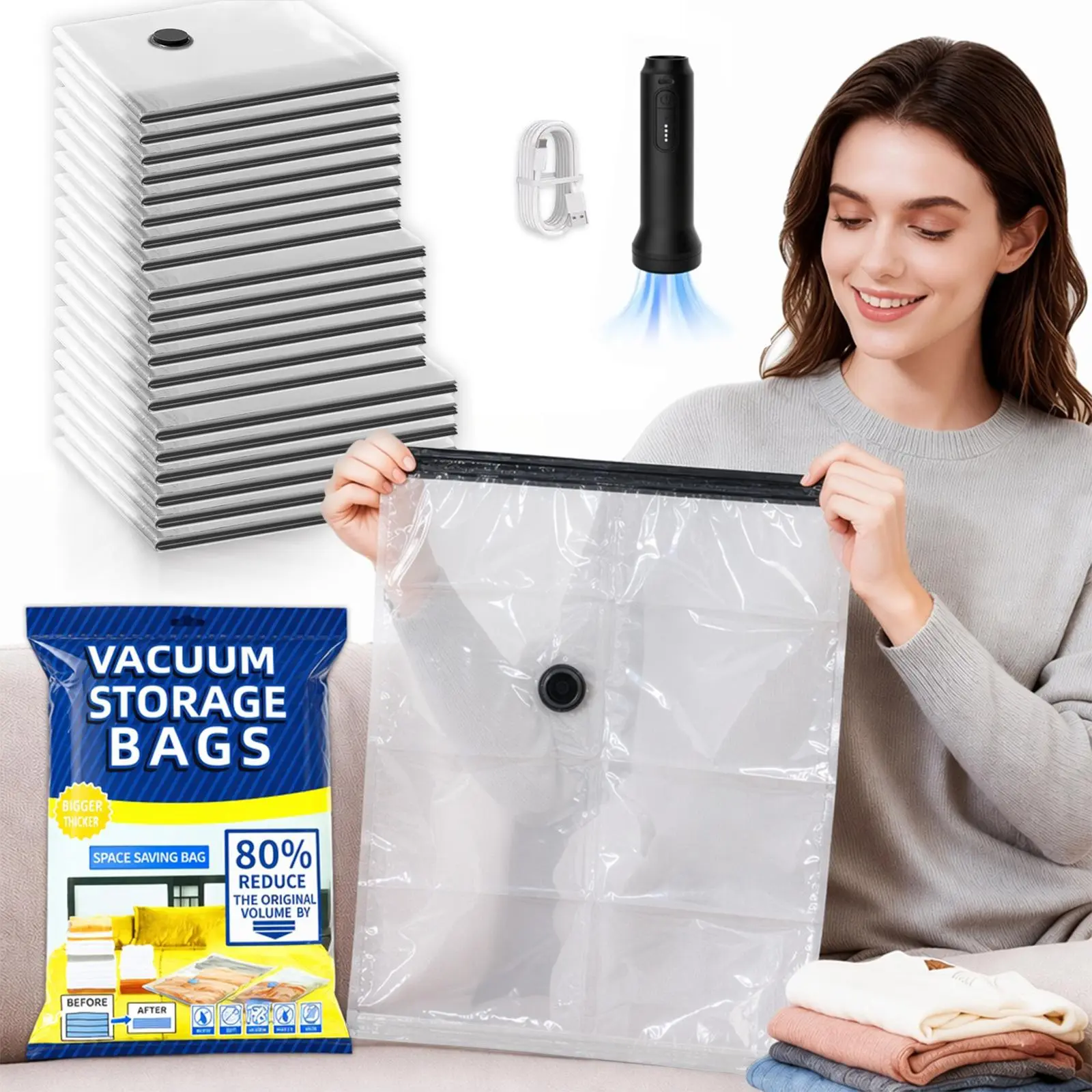 Travel Cordless Space Saver Vacuum Storage Bags Compression Bags Waterproof Reusable Clothes Storage 24 Pack 3 Sizes Airtight Double Zipper Thick PA PE Electric Pump Save 80% Space For Suitcase Blankets Comforters