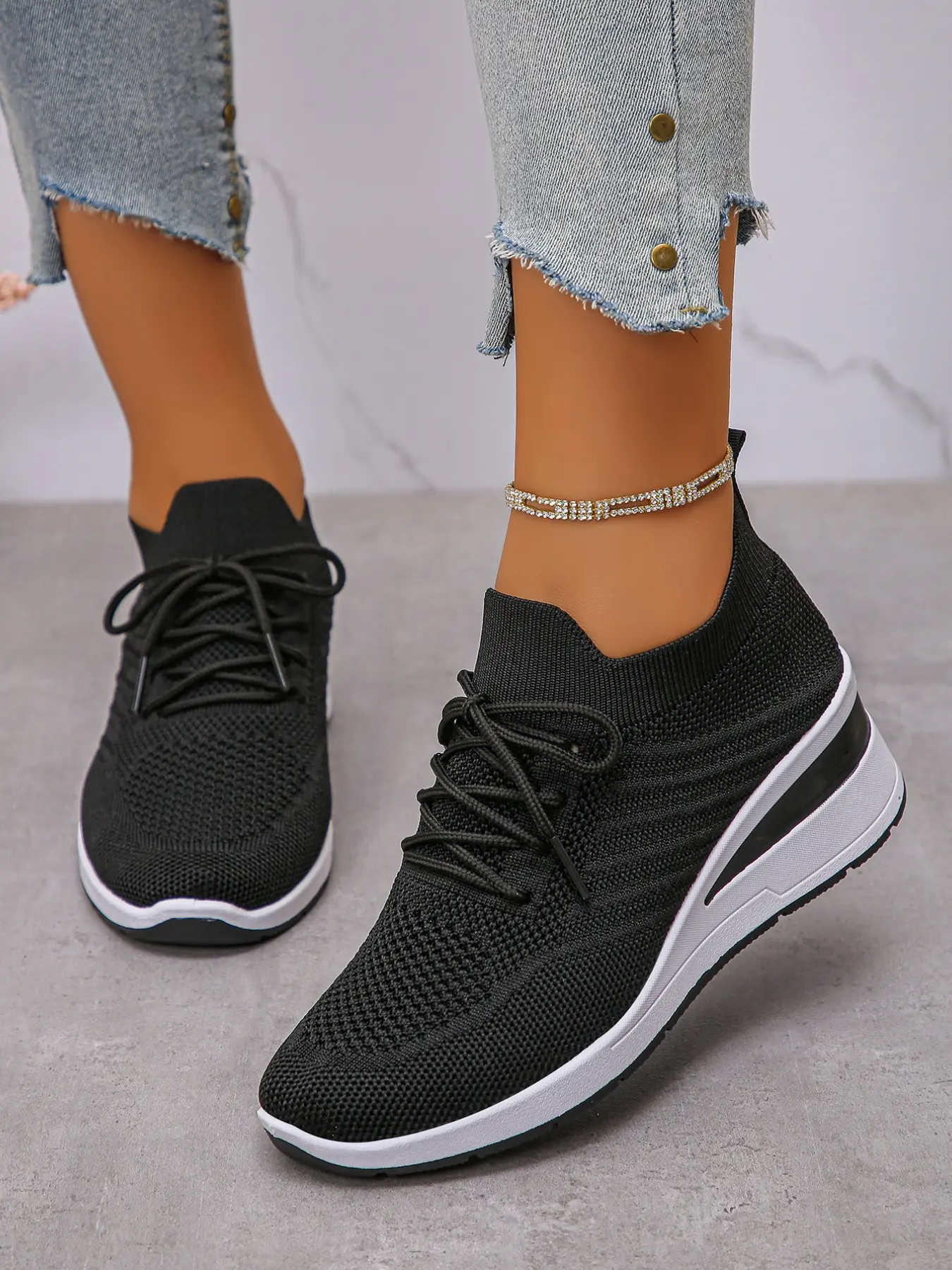 Women's New Knit Mesh Inner Heel Lift Casual Walking Shoes, Laces Comfortable Lightweight Thick Sole Slope Heel Sports Shoes