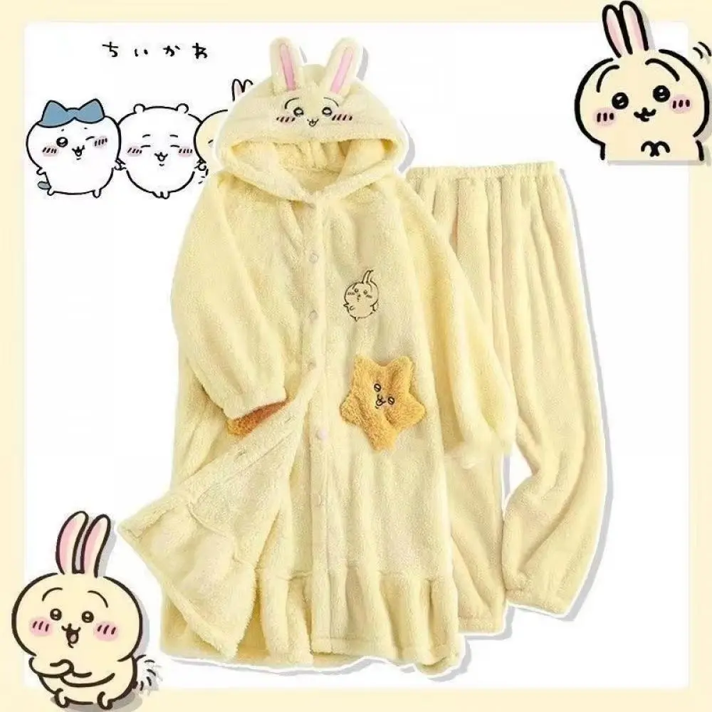 Cute Autumn Winter Women Usagi Plush Pajamas Set Chiikawa Thickened Nightgown Cartoon Warm Flannel Girls Sweet Home Clothing New