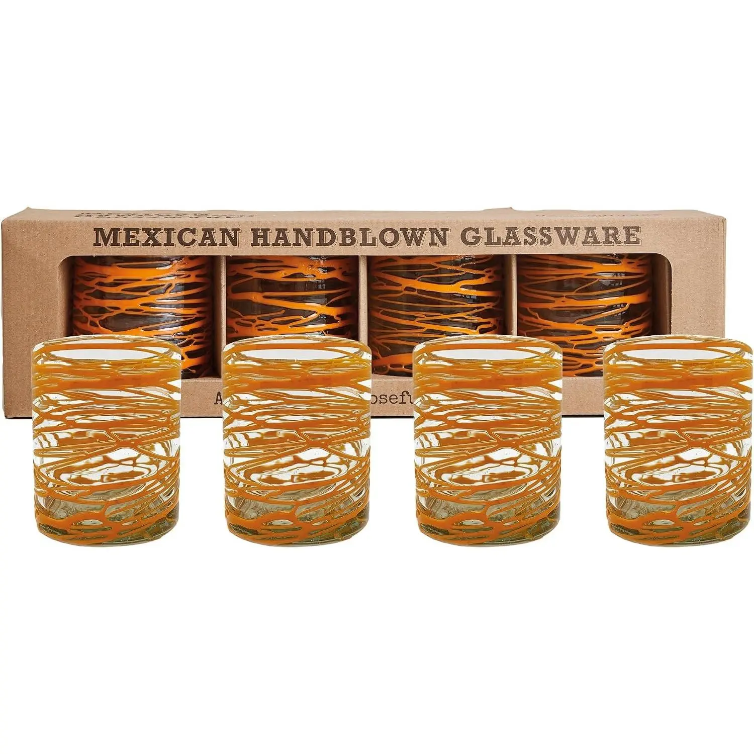 Hand Blown Drinking Glasses Set of 4 Orange Swirl Water Glasses Authentic Mexican Glassware 13 oz Capacity