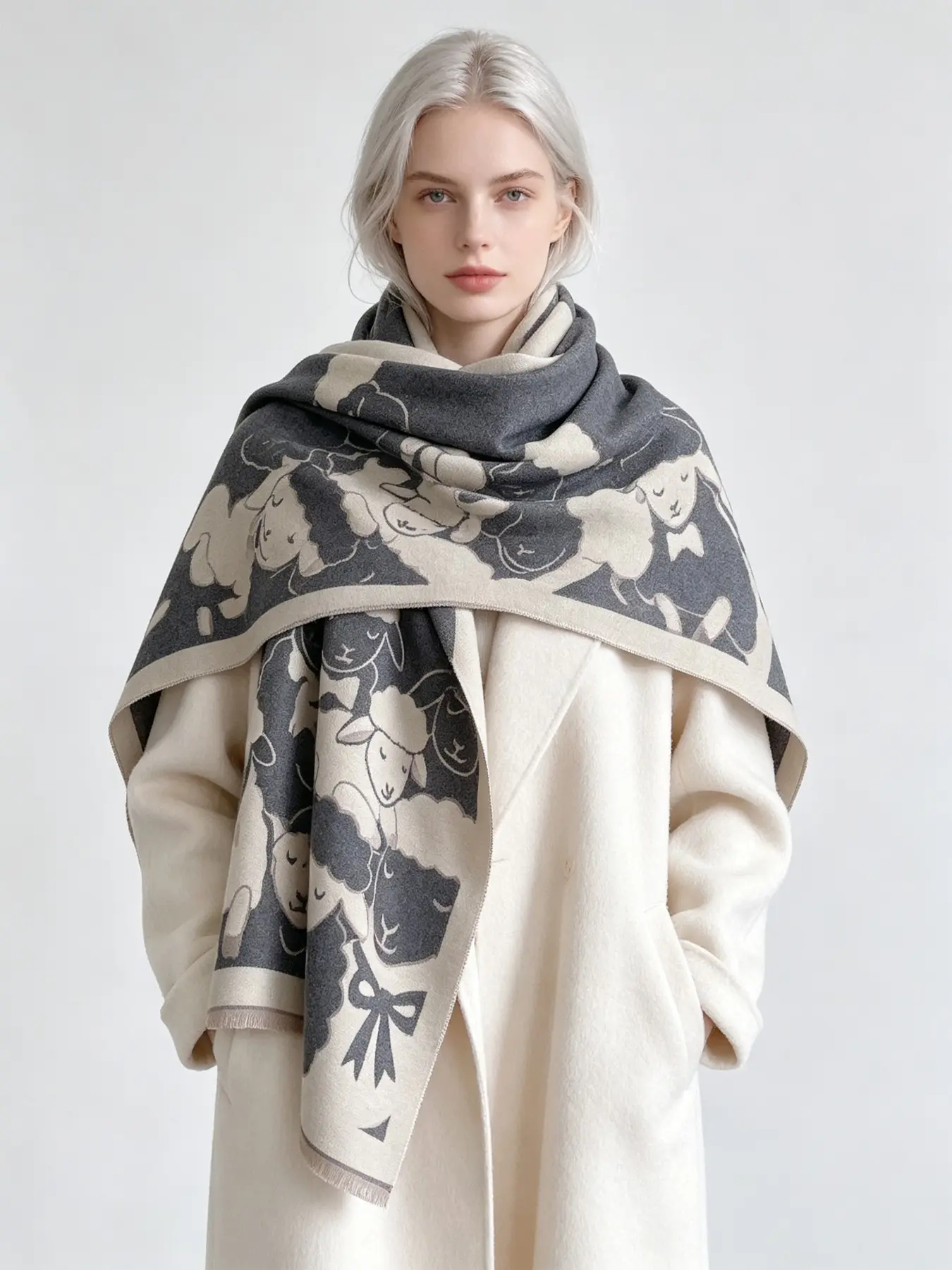 Cream Cute Sheep Blanket Scarf, Luxe Soft Cashmere Feel Reversible Shawl, Essential Back to School & Christmas Gift